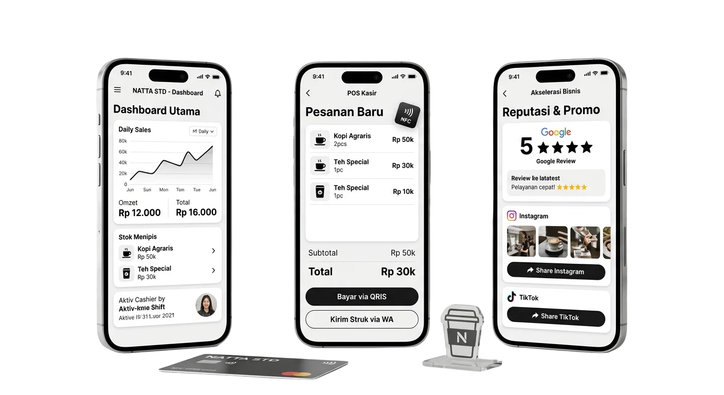 Tiga tampilan aplikasi Natta POS & Business Kit